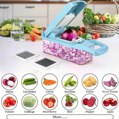 14-in-1 Multifunctional Vegetable Chopper with 8 Blades & Container – Blue