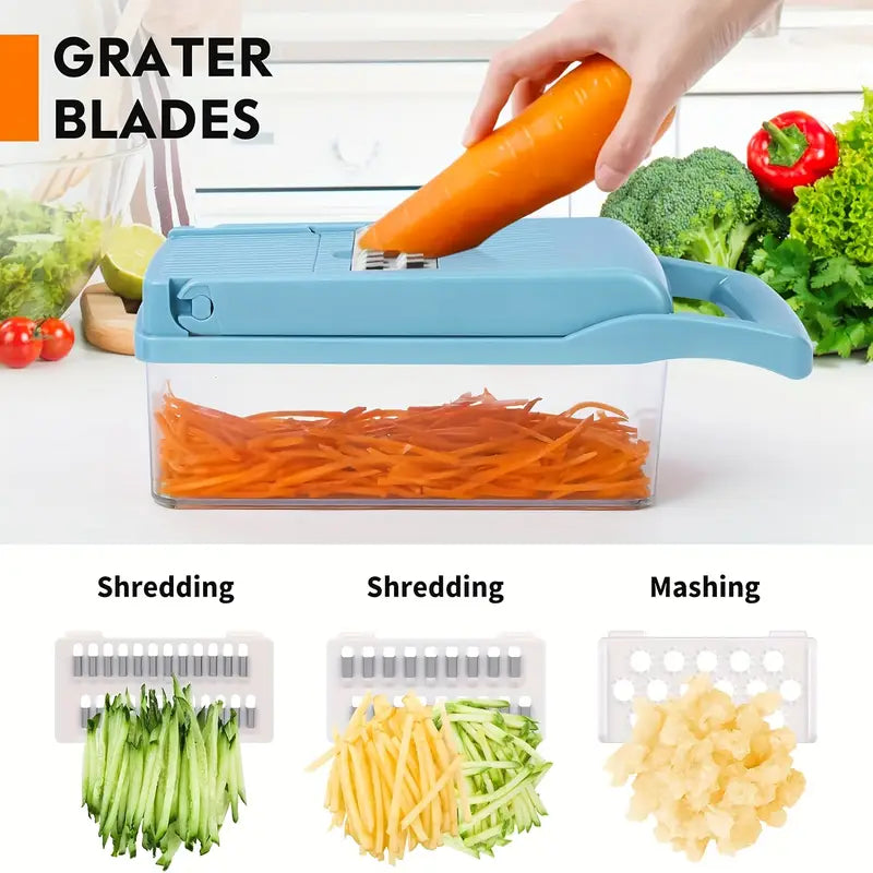 14-in-1 Multifunctional Vegetable Chopper with 8 Blades & Container – Blue
