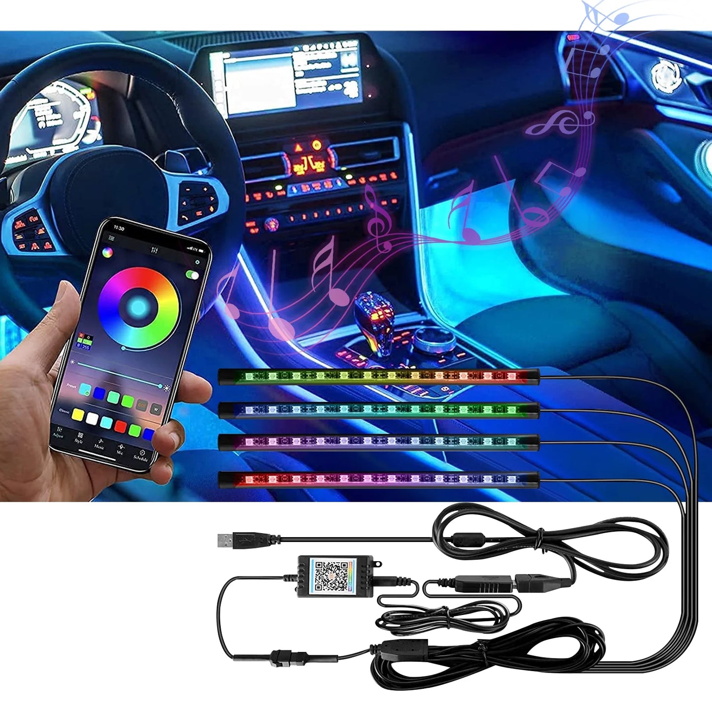 4-Piece Multi-Color LED Car Interior Strip Lights – App & Sound Control, USB Powered