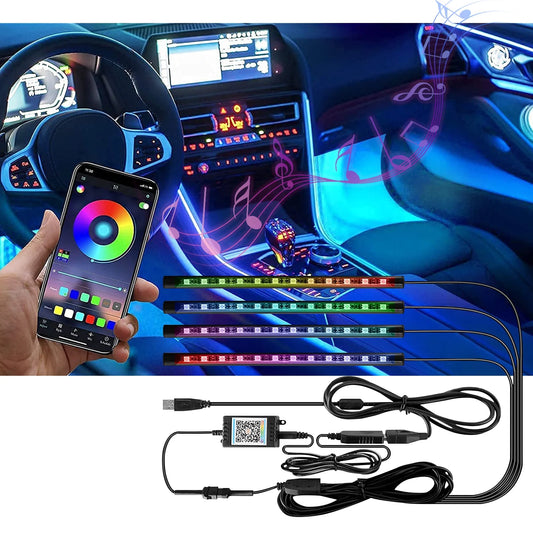 4-Piece Multi-Color LED Car Interior Strip Lights – App & Sound Control, USB Powered