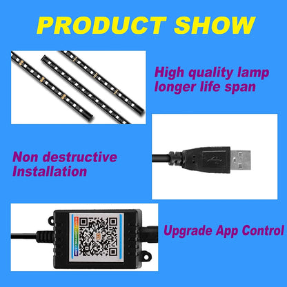 4-Piece Multi-Color LED Car Interior Strip Lights – App & Sound Control, USB Powered